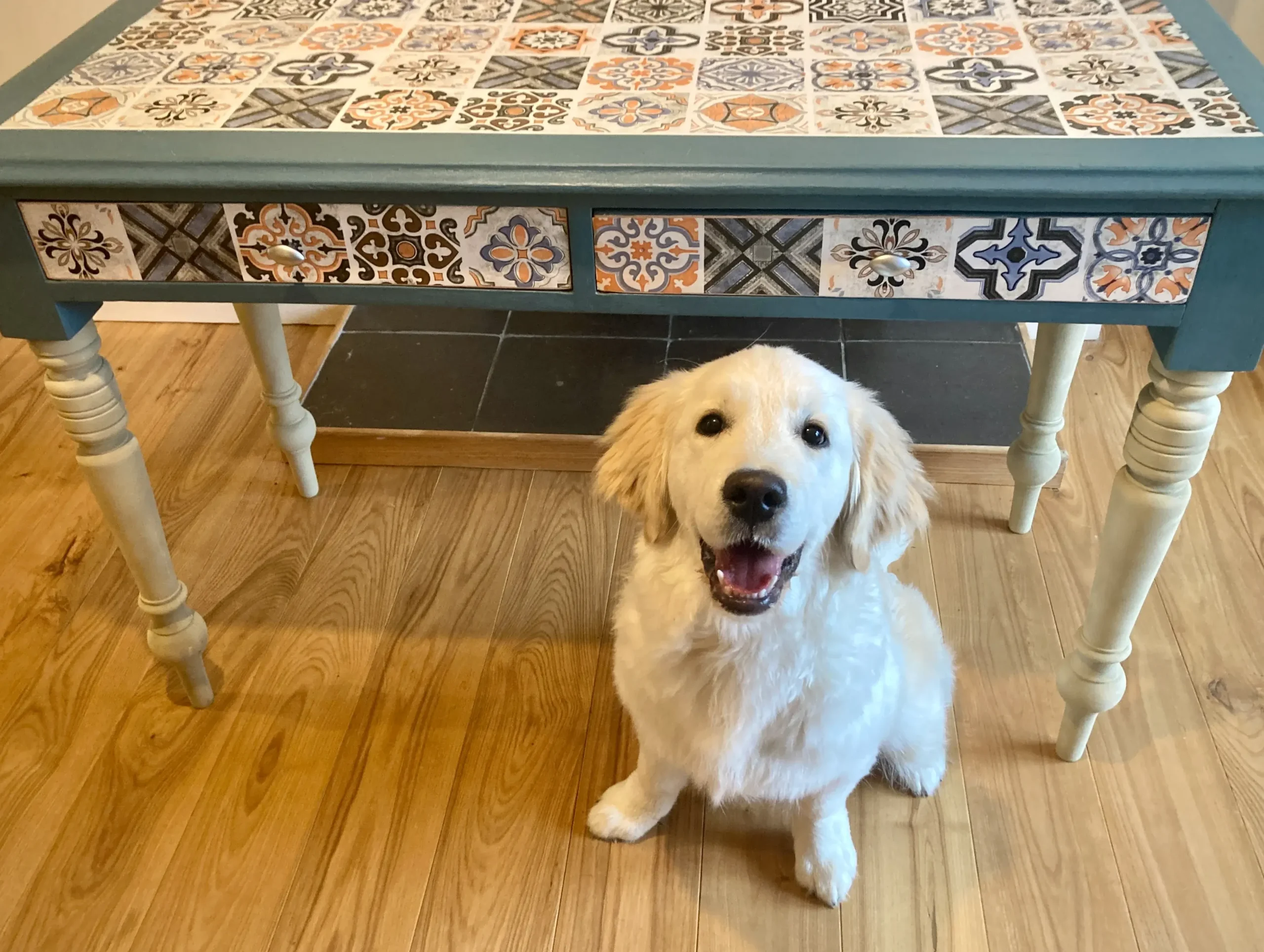 Golden retriever sitting proudly in front of a beautifully upcycled table, showcasing craftsmanship and sustainability
